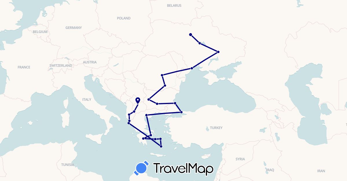 TravelMap itinerary: driving in Albania, Bulgaria, Greece, Macedonia, Romania, Turkey, Ukraine (Asia, Europe)
